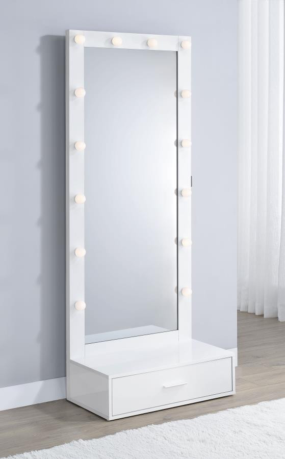 Spector 1-drawer Lighted Full-Length Floor Mirror White High Gloss / CS-960954